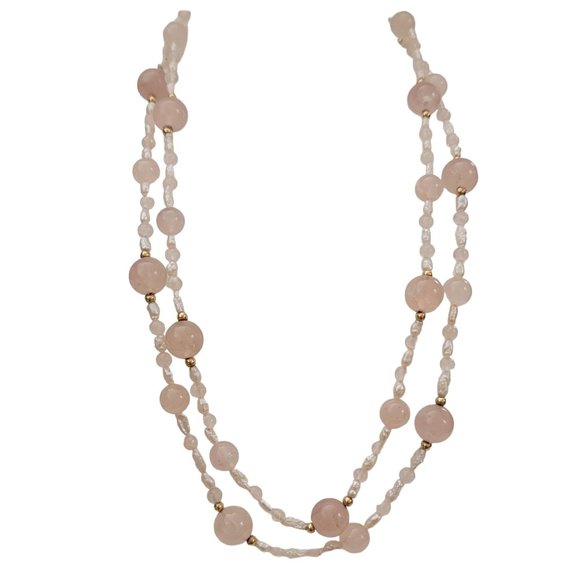 14K Yellow Gold Rose Quart, Rice Pearl Double Strand Necklace, 17" Long K794 - Picture 1 of 8